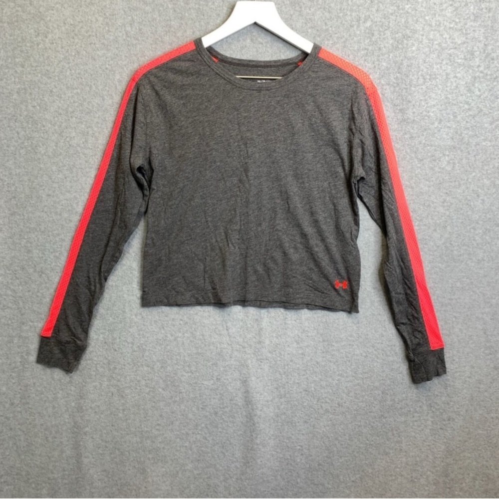 Under Armour Top Womens Lg Gray Hot Pink Crop Long Sleeve Loose Sporty Gym Yoga